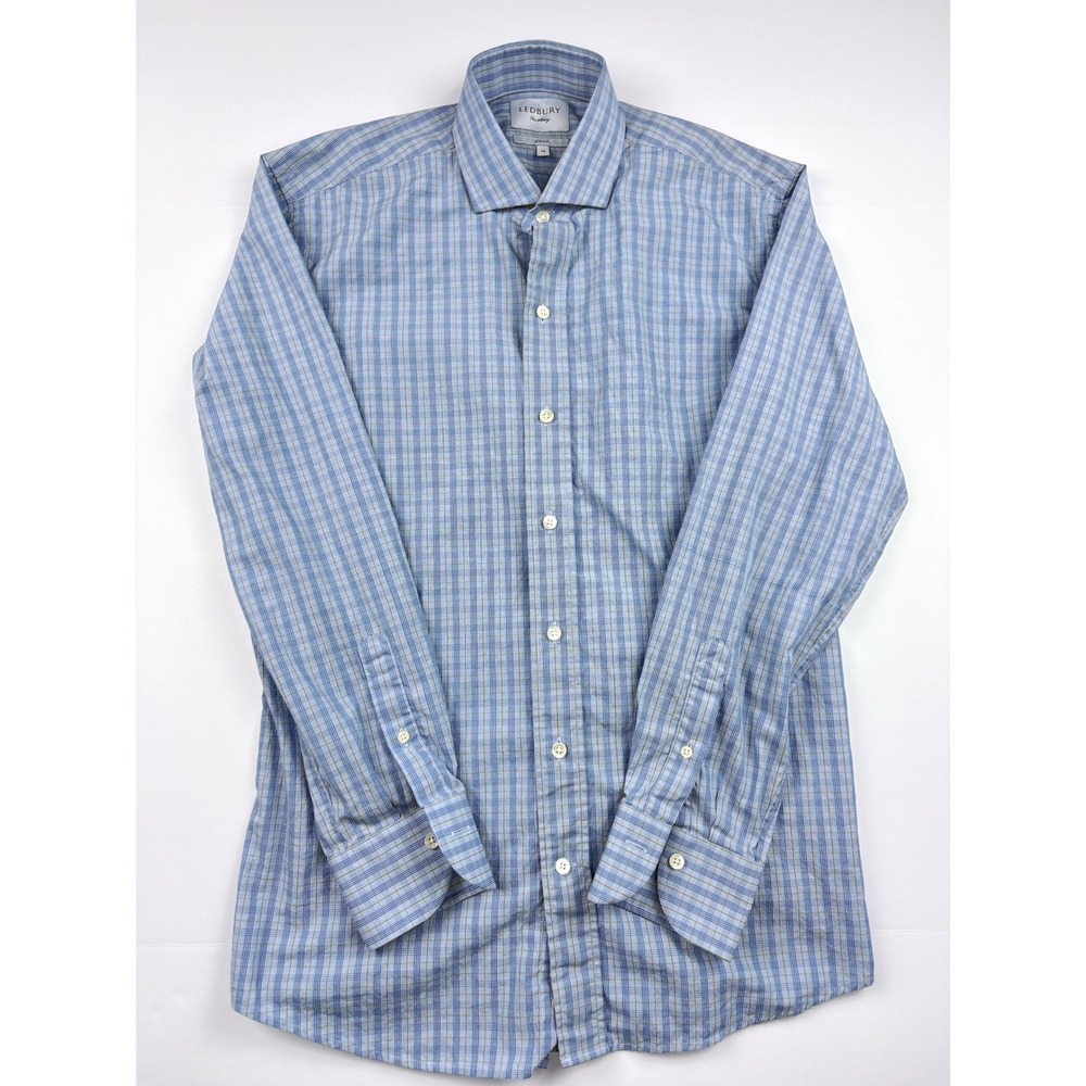 Ledbury Fine Shirting Mens 16 Slim Fit Blue Plaid Long Sleeve‎ Dress Shirt